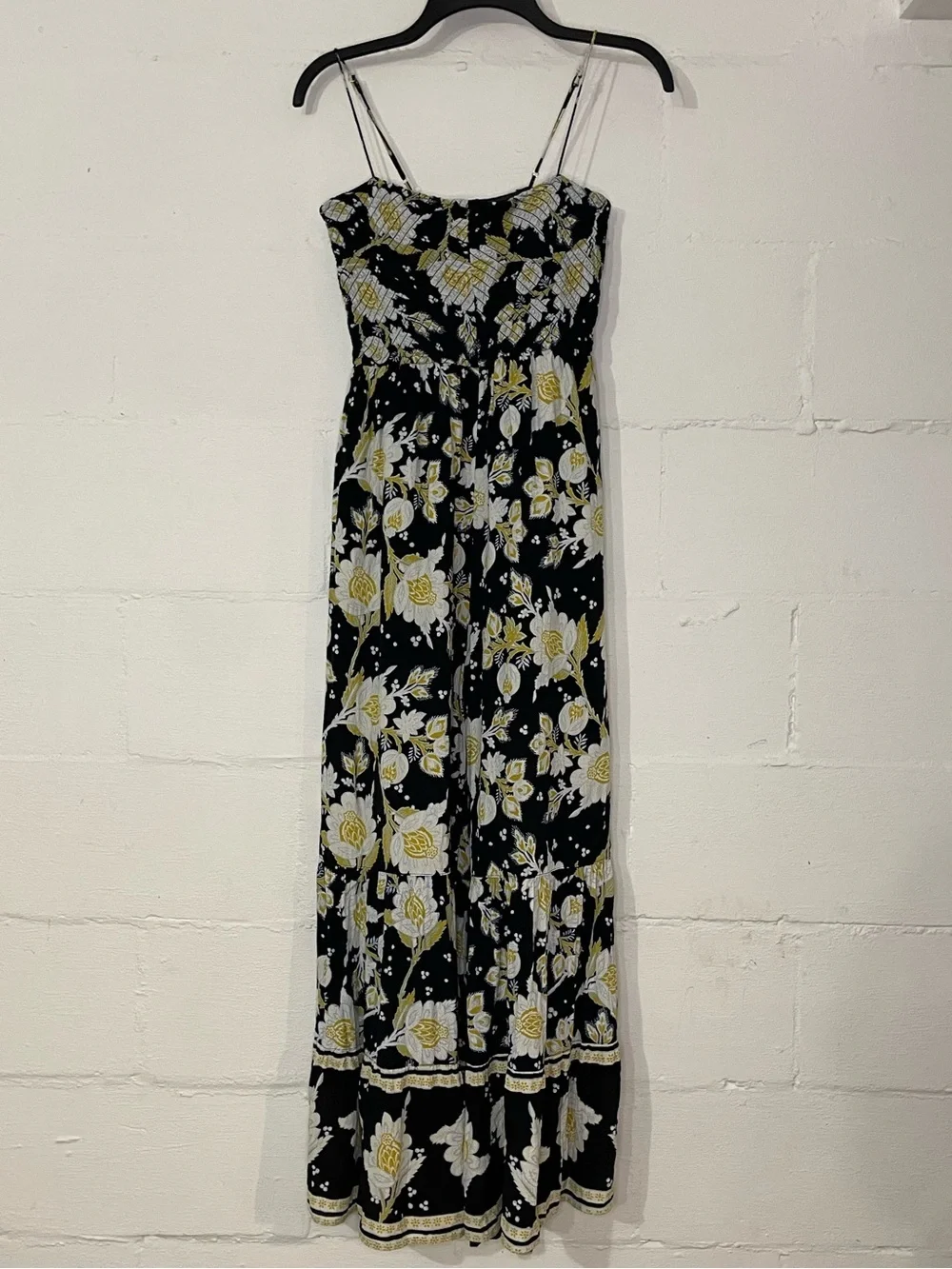 Free People Black Floral Maxi Jumpsuit with Yellow and White Print